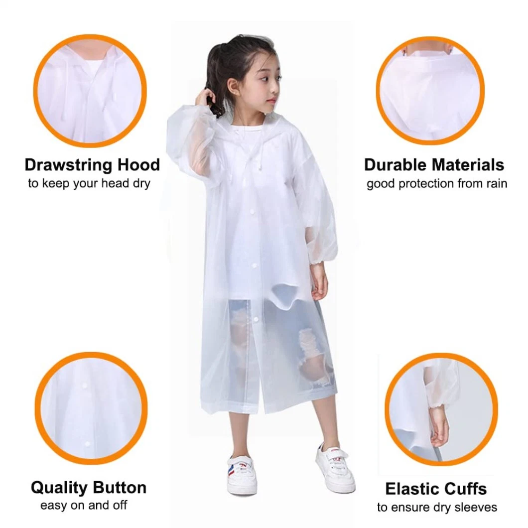 Children Transparent Breathable Light Rain Coat Reusable Long EVA Raincoat Rainwear with Hood Drawstring